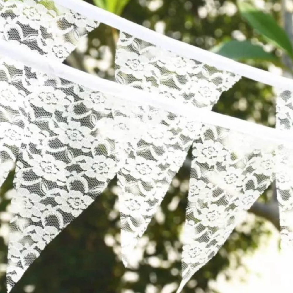 9’ Wedding or Party Banners with 11 White Lace Fabric Flags on each